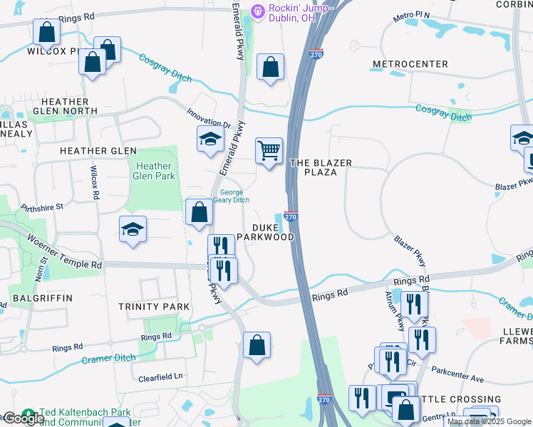 map of restaurants, bars, coffee shops, grocery stores, and more near 5900 Parkwood Place in Dublin