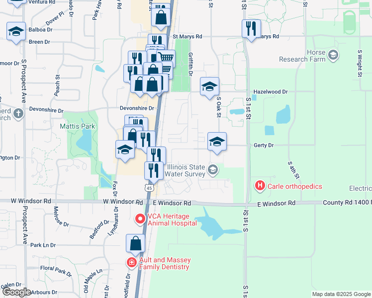 map of restaurants, bars, coffee shops, grocery stores, and more near in Champaign