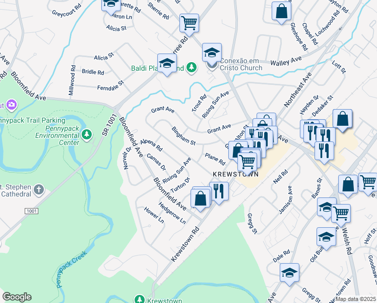 map of restaurants, bars, coffee shops, grocery stores, and more near 1061 Surrey Road in Philadelphia