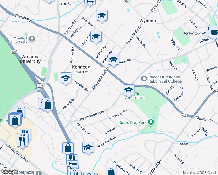 map of restaurants, bars, coffee shops, grocery stores, and more near 409 Randall Road in Wyncote