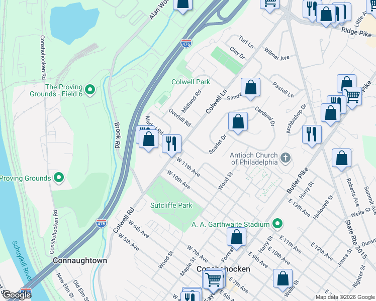 map of restaurants, bars, coffee shops, grocery stores, and more near 101 Scarlet Drive in Conshohocken