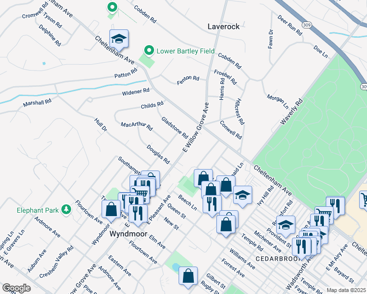 map of restaurants, bars, coffee shops, grocery stores, and more near 1405 East Willow Grove Avenue in Wyndmoor