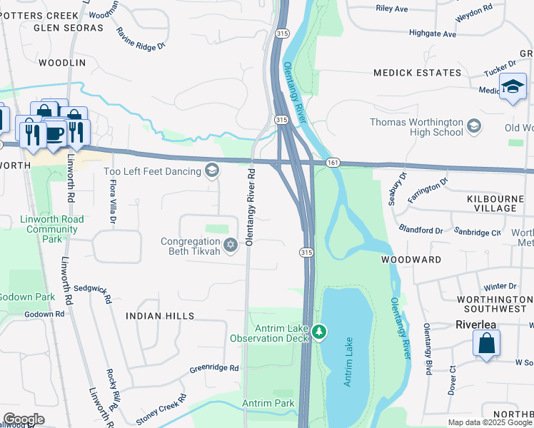map of restaurants, bars, coffee shops, grocery stores, and more near 6204 Olentangy River Road in Worthington