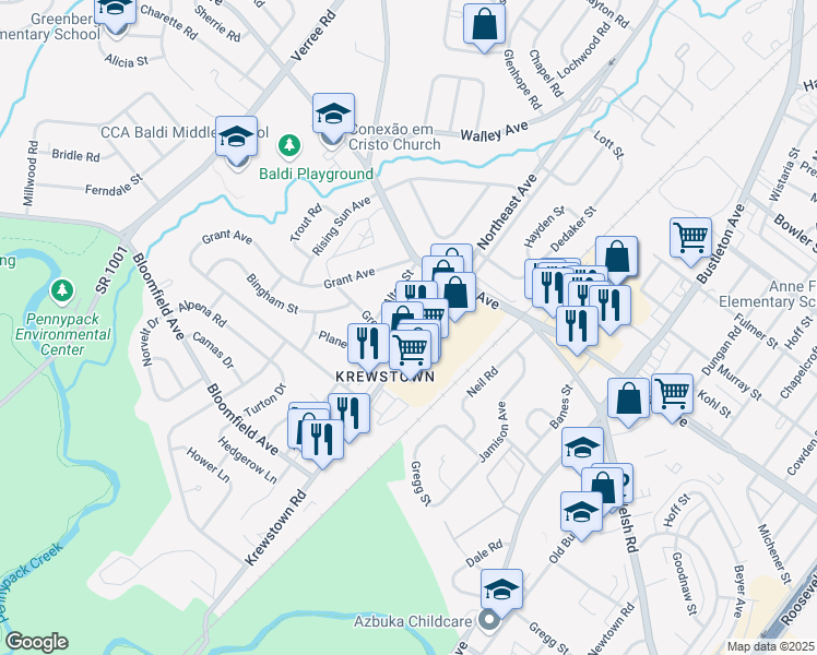 map of restaurants, bars, coffee shops, grocery stores, and more near 9410 Krewstown Road in Philadelphia
