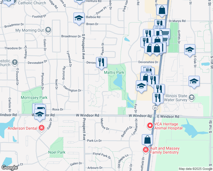map of restaurants, bars, coffee shops, grocery stores, and more near 701 Devonshire Drive in Champaign