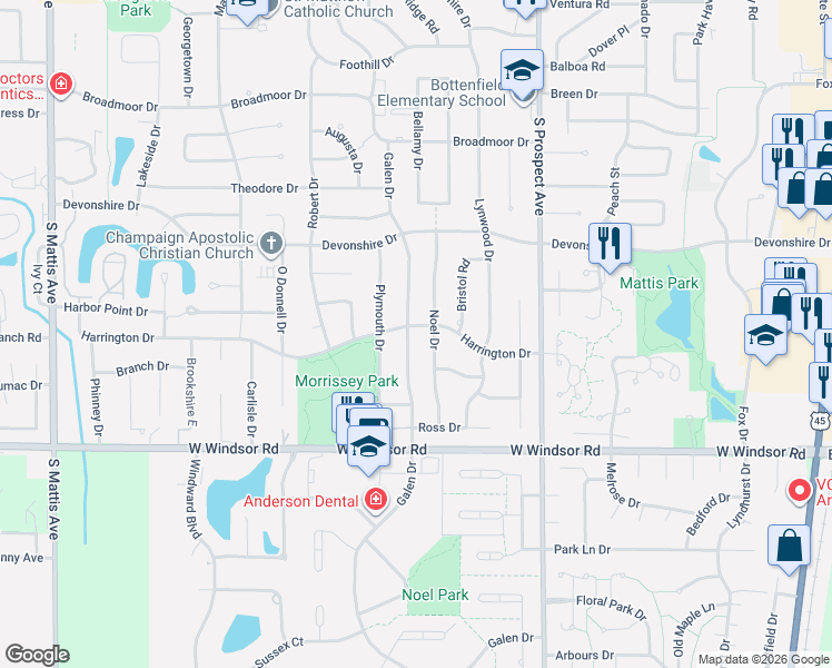 map of restaurants, bars, coffee shops, grocery stores, and more near 1108 Harrington Drive in Champaign