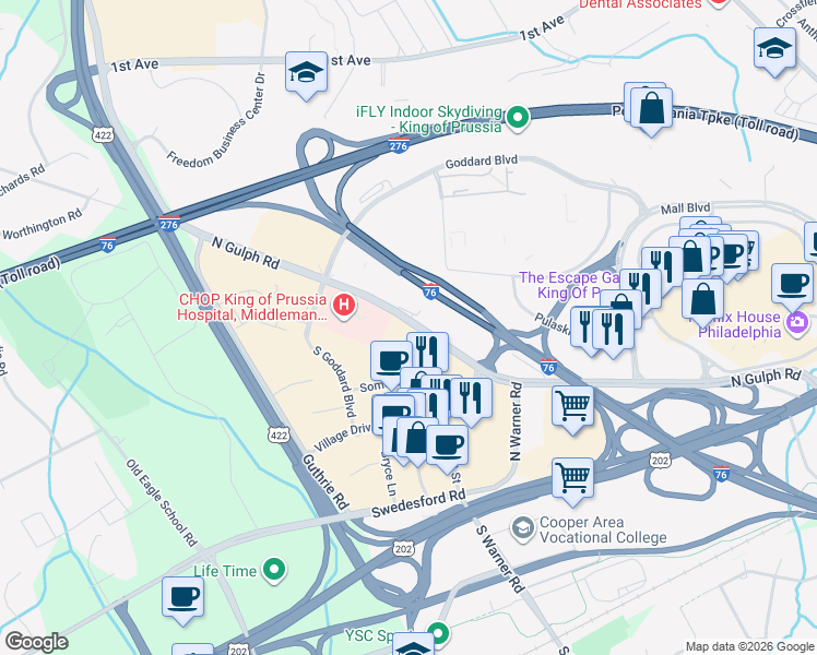 map of restaurants, bars, coffee shops, grocery stores, and more near 490 North Gulph Road in King of Prussia
