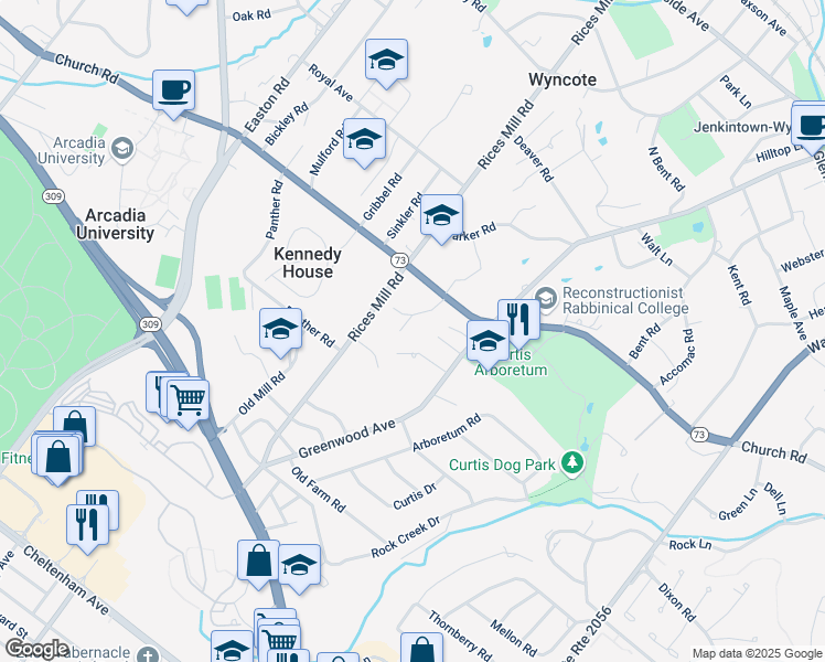 map of restaurants, bars, coffee shops, grocery stores, and more near 409 Randall Road in Wyncote