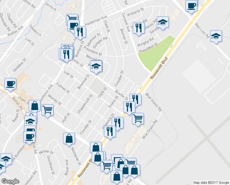map of restaurants, bars, coffee shops, grocery stores, and more near 2116 Bowler Street in Philadelphia