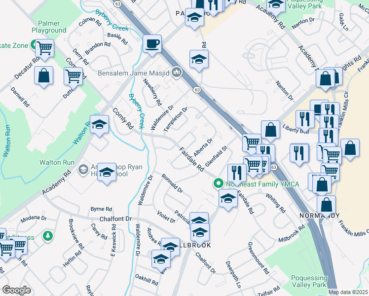 map of restaurants, bars, coffee shops, grocery stores, and more near 3863 Fairdale Road in Philadelphia