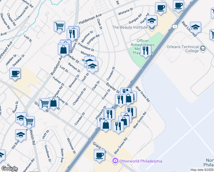 map of restaurants, bars, coffee shops, grocery stores, and more near 2116 Bowler Street in Philadelphia