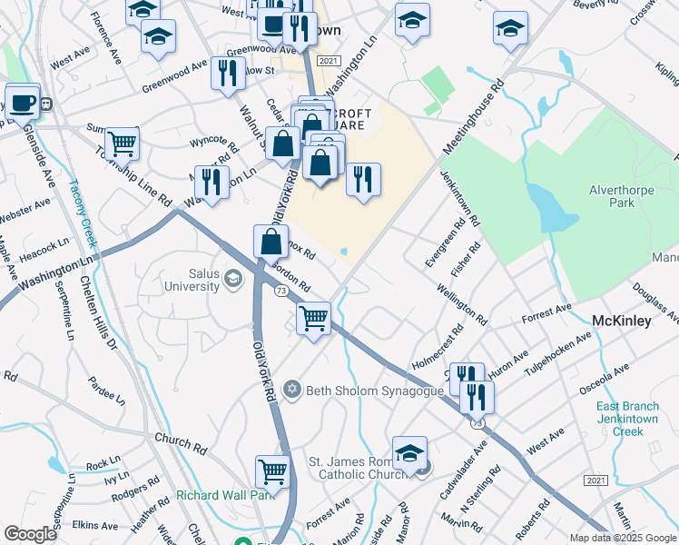 map of restaurants, bars, coffee shops, grocery stores, and more near 1209 Lenox Road in Jenkintown