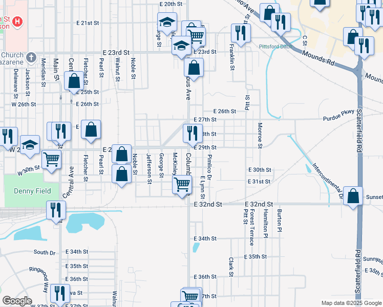 map of restaurants, bars, coffee shops, grocery stores, and more near 2910 Columbus Avenue in Anderson