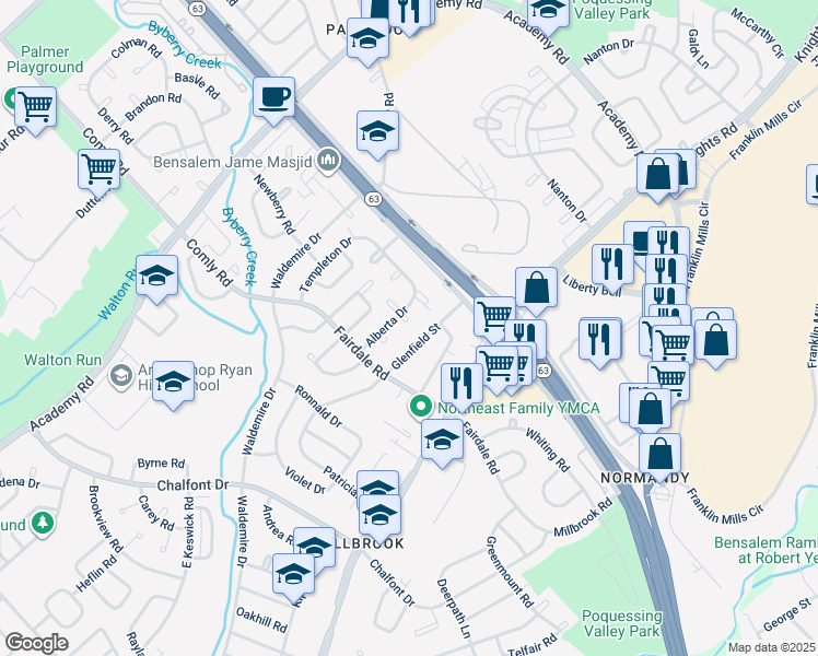 map of restaurants, bars, coffee shops, grocery stores, and more near 3888 Alberta Place in Philadelphia