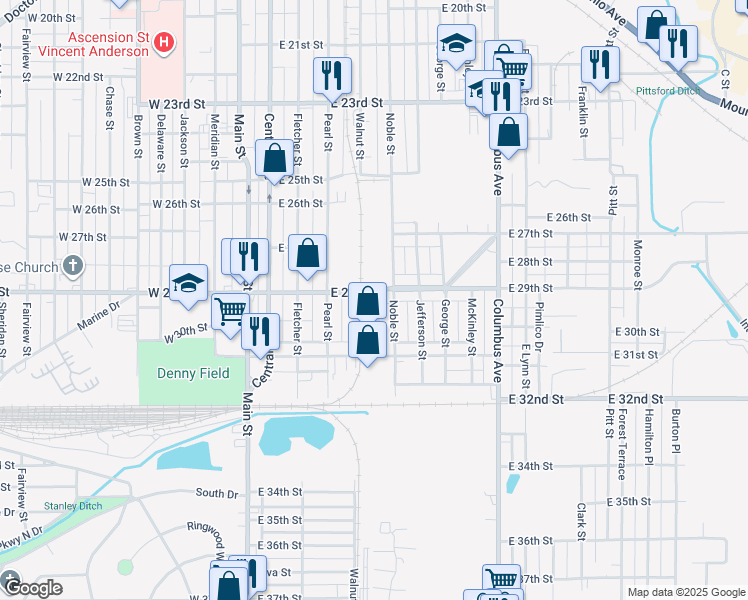 map of restaurants, bars, coffee shops, grocery stores, and more near 509 East 29th Street in Anderson
