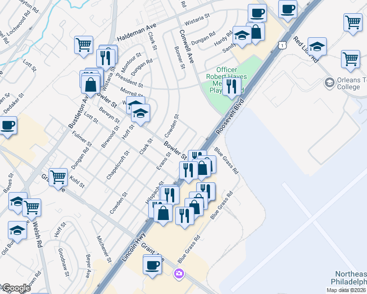 map of restaurants, bars, coffee shops, grocery stores, and more near 9778 Hilspach Street in Philadelphia