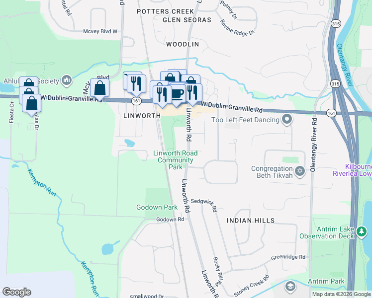map of restaurants, bars, coffee shops, grocery stores, and more near 6007 Linworth Road in Worthington