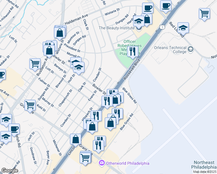 map of restaurants, bars, coffee shops, grocery stores, and more near 9769 Hilspach Street in Philadelphia