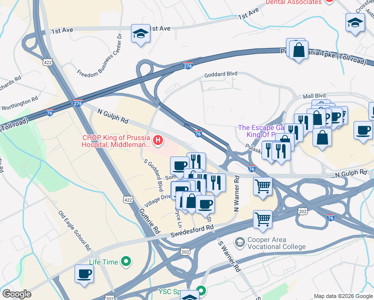 map of restaurants, bars, coffee shops, grocery stores, and more near 490 North Gulph Road in King of Prussia