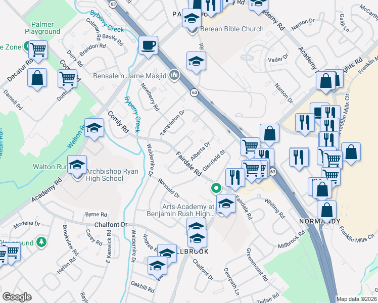 map of restaurants, bars, coffee shops, grocery stores, and more near 12016 Farwell Road in Philadelphia