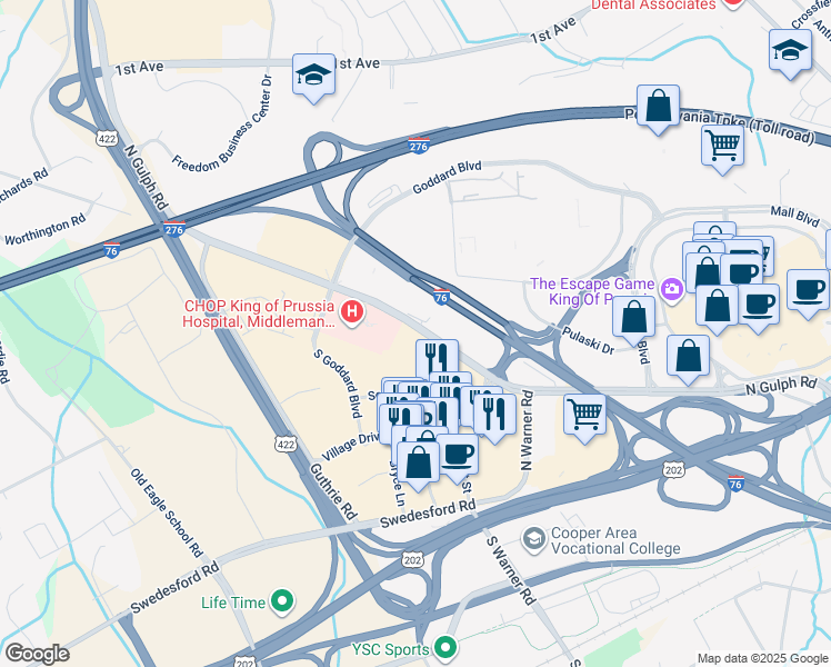 map of restaurants, bars, coffee shops, grocery stores, and more near 490 North Gulph Road in King of Prussia