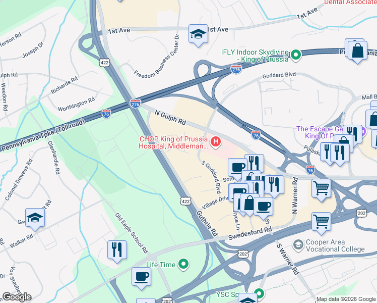 map of restaurants, bars, coffee shops, grocery stores, and more near in King of Prussia
