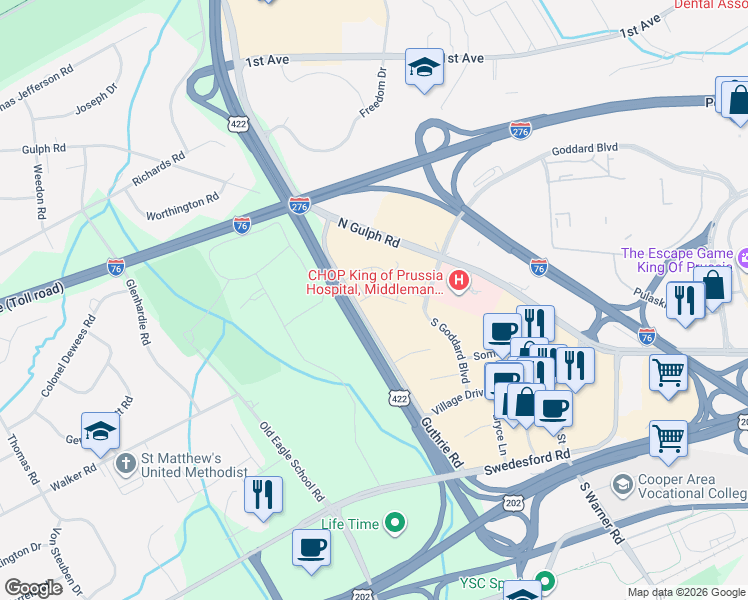 map of restaurants, bars, coffee shops, grocery stores, and more near 120 Valley Green Lane in King of Prussia