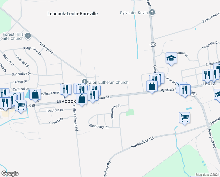 map of restaurants, bars, coffee shops, grocery stores, and more near 195 West Main Street in Leacock-Leola-Bareville