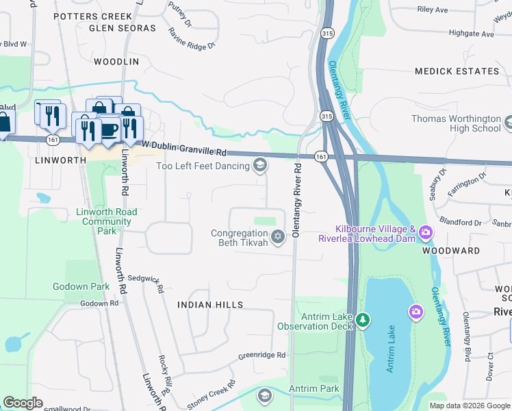 map of restaurants, bars, coffee shops, grocery stores, and more near 886 Middlebury Drive West in Worthington