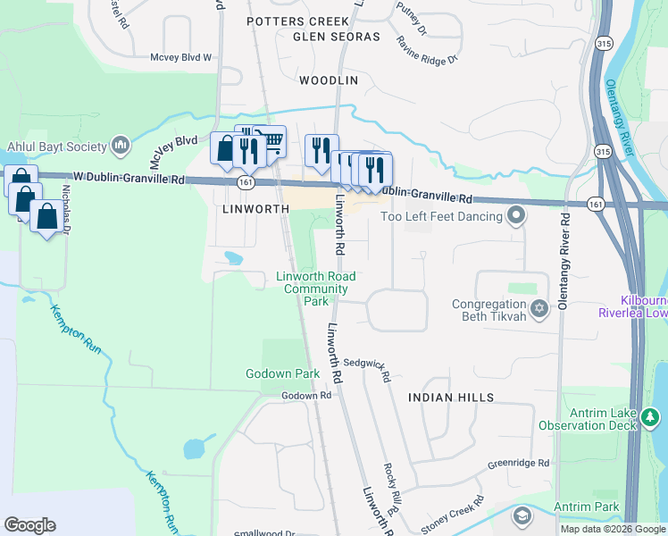 map of restaurants, bars, coffee shops, grocery stores, and more near 6007 Linworth Road in Worthington
