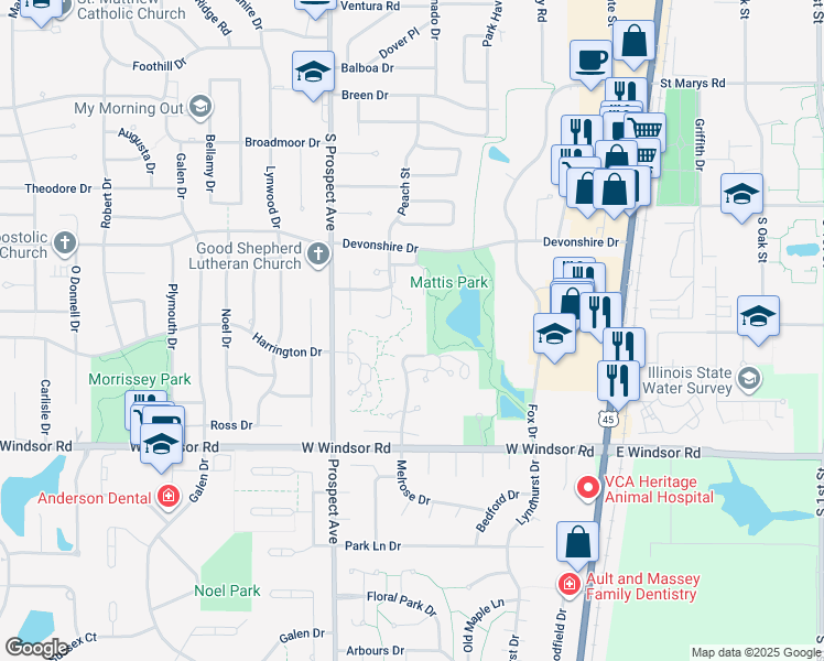 map of restaurants, bars, coffee shops, grocery stores, and more near 701 Devonshire Drive in Champaign
