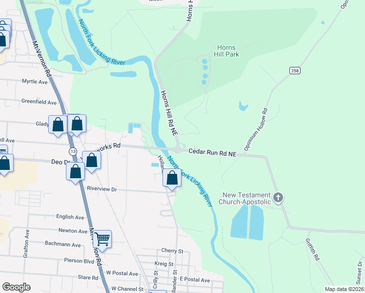 map of restaurants, bars, coffee shops, grocery stores, and more near 20 Cedar Run Road Northeast in Newark