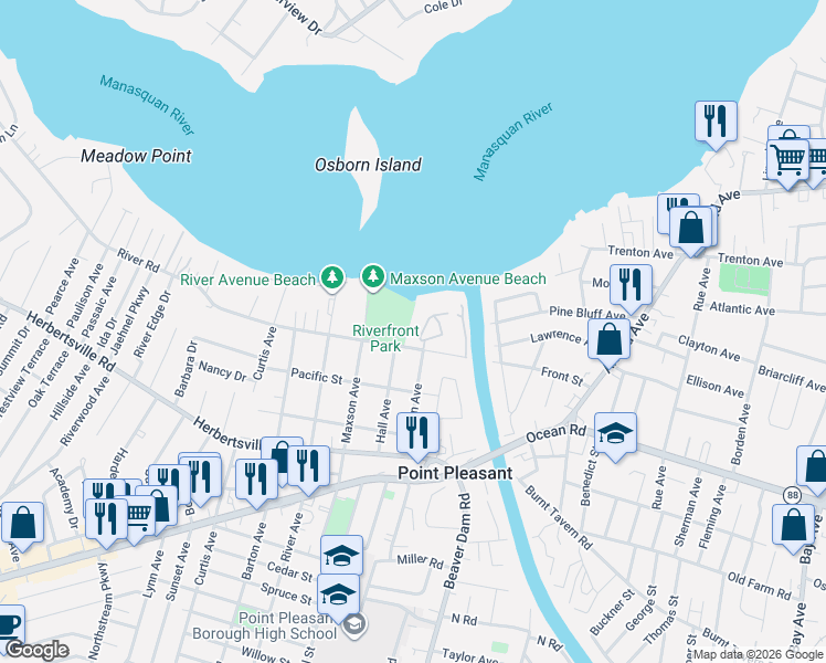 map of restaurants, bars, coffee shops, grocery stores, and more near River Road in Point Pleasant