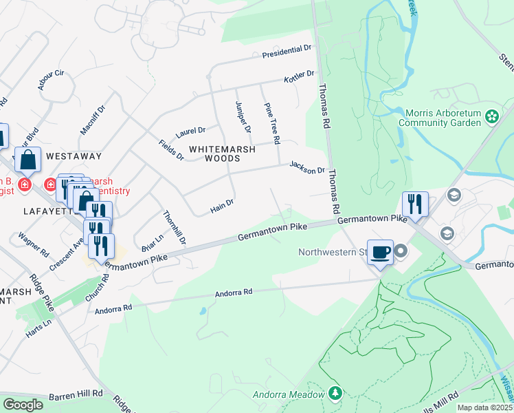 map of restaurants, bars, coffee shops, grocery stores, and more near 761 Germantown Pike in Lafayette Hill