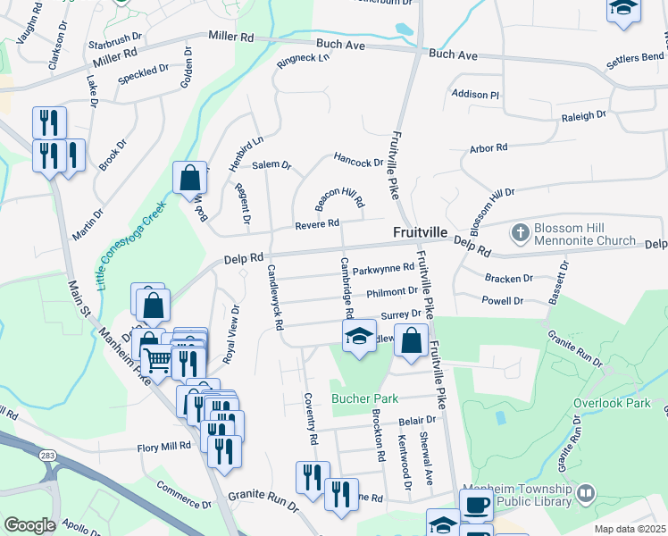map of restaurants, bars, coffee shops, grocery stores, and more near 453 Parkwynne Road in Lancaster