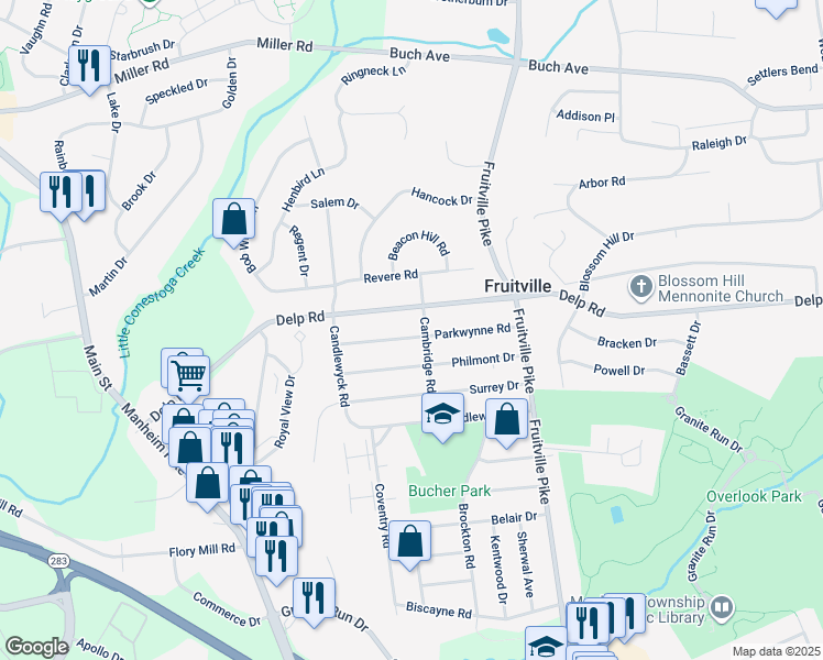map of restaurants, bars, coffee shops, grocery stores, and more near 453 Parkwynne Road in Lancaster
