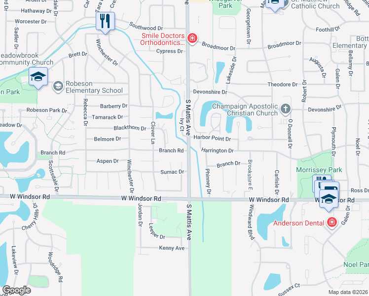 map of restaurants, bars, coffee shops, grocery stores, and more near 1902 Branch Road in Champaign