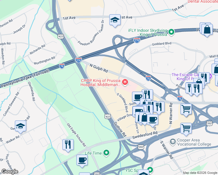 map of restaurants, bars, coffee shops, grocery stores, and more near in King of Prussia