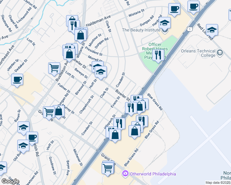 map of restaurants, bars, coffee shops, grocery stores, and more near 2114 Bowler Street in Philadelphia