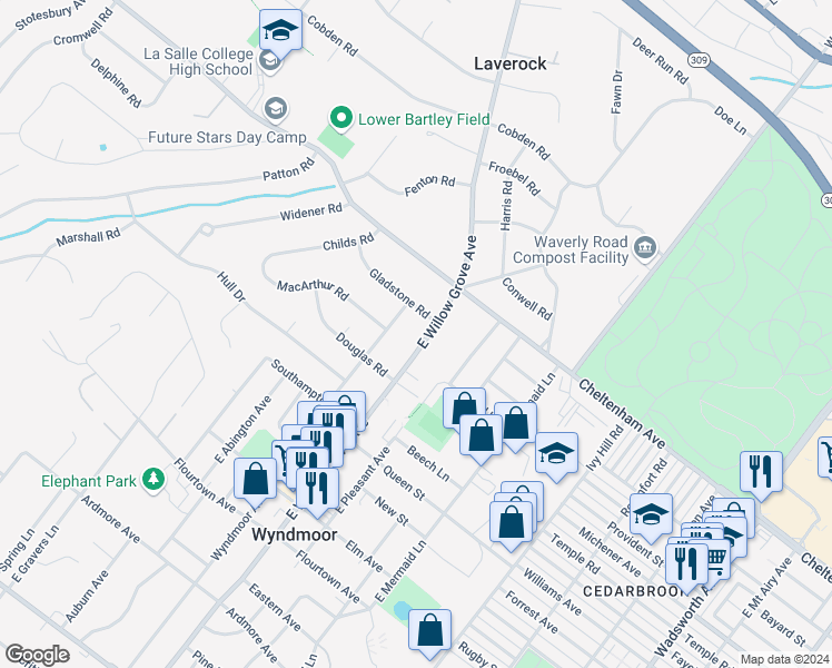 map of restaurants, bars, coffee shops, grocery stores, and more near 1405 East Willow Grove Avenue in Wyndmoor