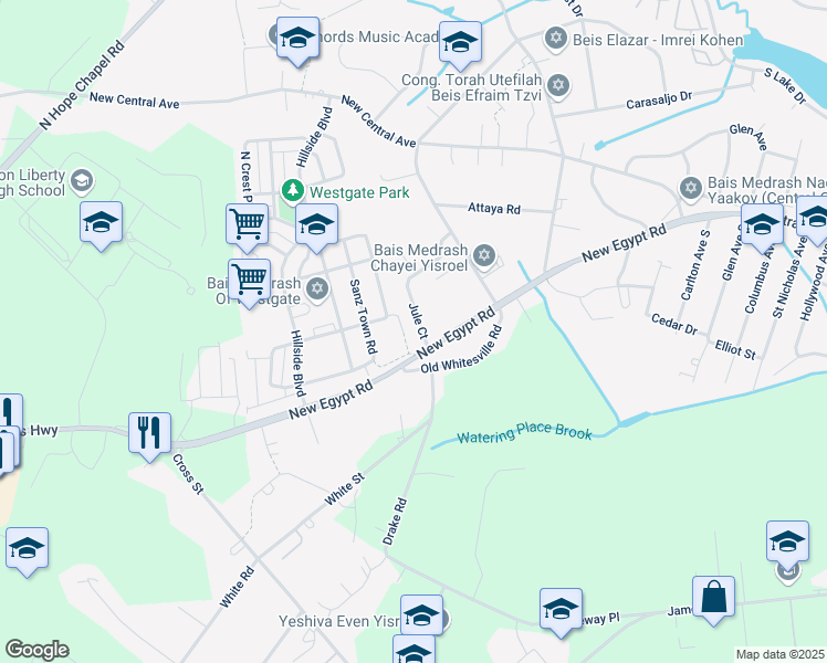 map of restaurants, bars, coffee shops, grocery stores, and more near 45 Jule Court in Lakewood