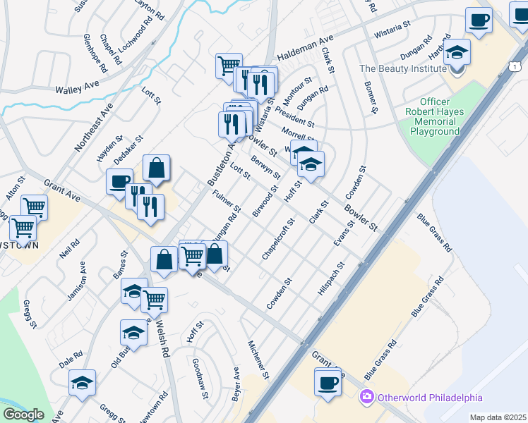 map of restaurants, bars, coffee shops, grocery stores, and more near 9651 Birwood Street in Philadelphia