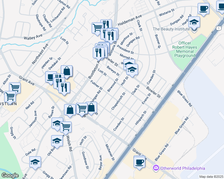 map of restaurants, bars, coffee shops, grocery stores, and more near 9651 Birwood Street in Philadelphia