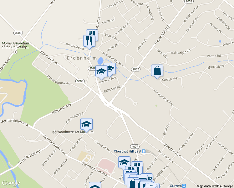 map of restaurants, bars, coffee shops, grocery stores, and more near 411 Paper Mill Road in Glenside