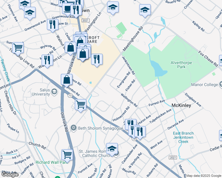 map of restaurants, bars, coffee shops, grocery stores, and more near 1110 Wellington Road in Jenkintown