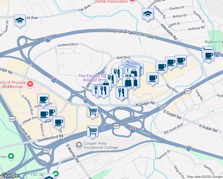 map of restaurants, bars, coffee shops, grocery stores, and more near 205 Mall Boulevard in King of Prussia