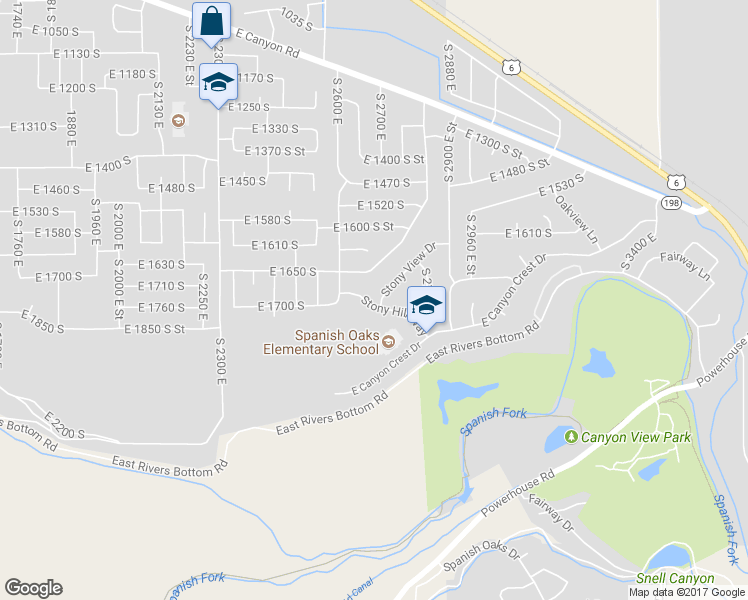 map of restaurants, bars, coffee shops, grocery stores, and more near 1732 Stony View Drive in Spanish Fork