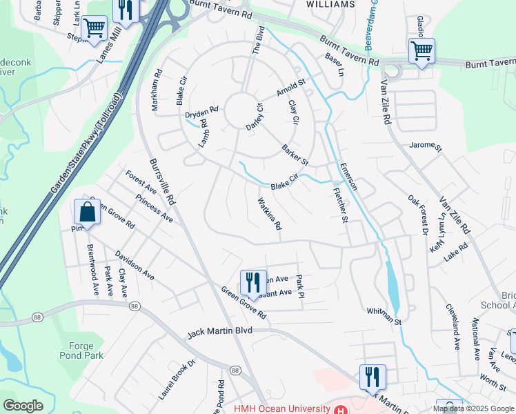 map of restaurants, bars, coffee shops, grocery stores, and more near 38 Watkins Road in Brick