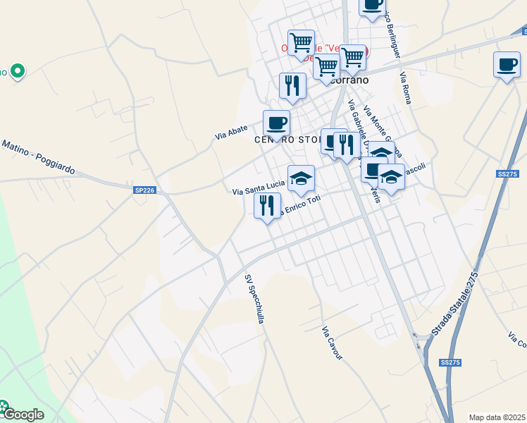 map of restaurants, bars, coffee shops, grocery stores, and more near 24 Via Giuseppe Verdi in Scorrano
