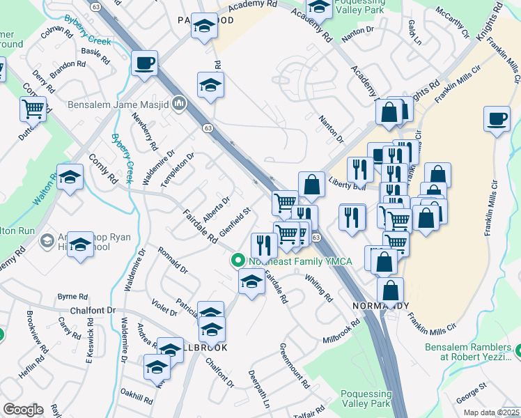 map of restaurants, bars, coffee shops, grocery stores, and more near 12025 Elmore Road in Philadelphia